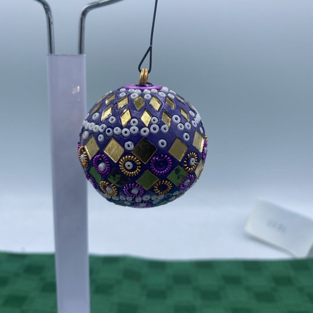 Vintage Indian Beaded Mirror Ball Christmas Ornament Boho Hippie Purple/White/Go